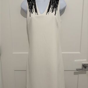 White House Black Market White Sheath Mini Dress With Black Beading
